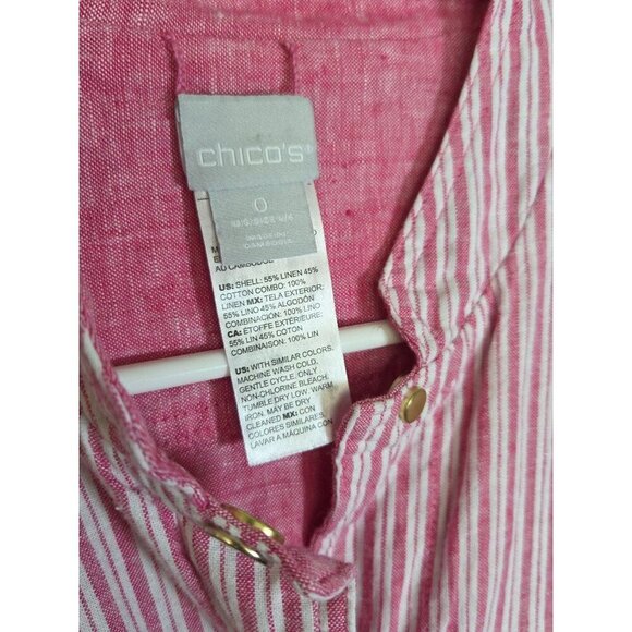 Chico's Reversible Jacket Pink Stripe Oxford Linen Cotton Snap Pockets 0 /small - Picture 2 of 5